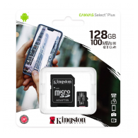 Micro SD kartica Kingston 128GB, Canvas Select Plus, Class 10 UHS-I U1 V10 A1, Read up to 100MB/ s, w/ SD adapter