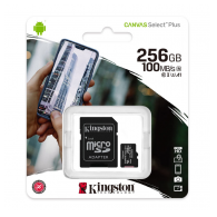 Micro SD kartica Kingston 256GB, Canvas Select Plus, Class 10 UHS-I U3 V30 A1, Read up to 100MB/ s, Write up to 85MB/ s, w/ SD adapter