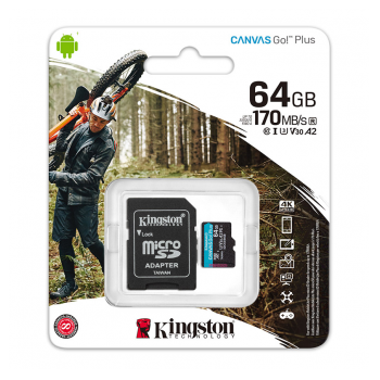 Micro SDHC kartica Kingston 64GB, Canvas Go! Plus, Class10 UHS-I U3 V30 A2, Read up to 170MB/s, Write up to 70MB/s, for 4K and FullHD video recording,