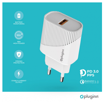 Kucni punjac Pluginn PI-D52S, QC3.0 18W sa kablom USB na Type-C kablom beli