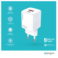 Kucni punjac Pluginn PI-D73, QC3.0 PD3.0, PPS, USB-PD 18W+20W, 38W (total) sa PD iPhone lightning kablom beli