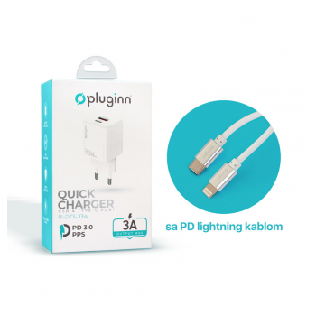 Kucni punjac Pluginn PI-D73, QC3.0 PD3.0, PPS, USB-PD 18W+20W, 38W (total) sa kablom Type-C na iPhone Lightning beli