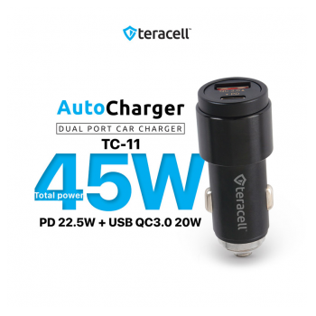 Auto punjac Teracell Evolution TC-11 PD 22.5W + USB QC3.0 20W, 45W (total) sa Lightning kablom crni