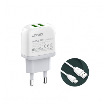 Kucni punjac LDNIO A2219 2xUSB 5V 2.4A 12W sa Type-C kablom beli