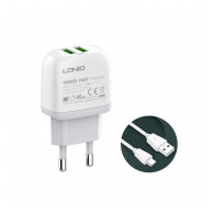 Kucni punjac LDNIO A2219 2xUSB 5V 2.4A 12W sa kablom USB na Type-C beli
