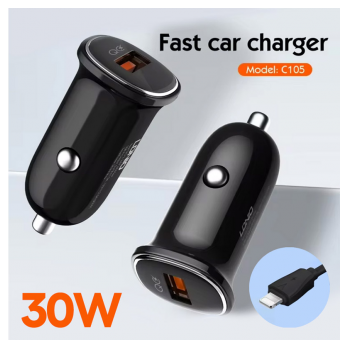 Auto punjac LDNIO C105, QC3.0, 30W USB Lightning crni 1m