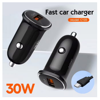 Auto punjac LDNIO C105, QC3.0, 30W USB Type C crni 1m