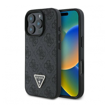 Maska Guess Leather 4G Triangle Strass za iPhone 16 Pro crna