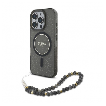 Maska Guess IML Glitter With Pearl Strap MagSafe za iPhone 16 Pro crna