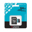 Micro SD kartica Kingston 64GB Canvas GO! Plus Class 10 UHS-I U3 V30 A2 Read up to 200MB/s for 4K and FullHD video recording w/SD adapter