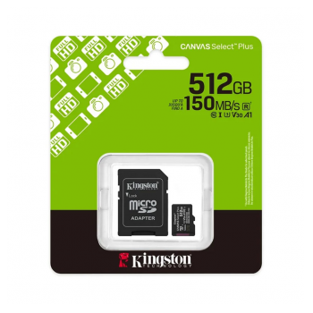 Micro SD kartica Kingston 512GB Canvas Select Plus Class 10UHS-I U3 V30 A1 Read up to 150MB/s,w/SD adapter