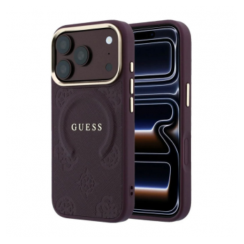 Maska Guess Saffiano Peony & Ring MagSafe za iPhone 17 Pro/ 18 Pro burgundy